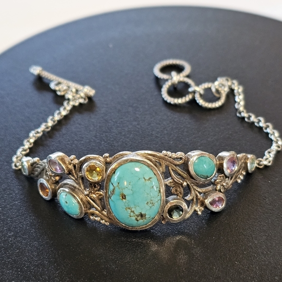 Genuine Bali Turquoise & Tourmaline Bracelet Platinum over 925 - Picture 3 of 6